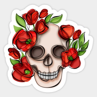 Minimalistic Continuous Line Skull with Poppies Sticker